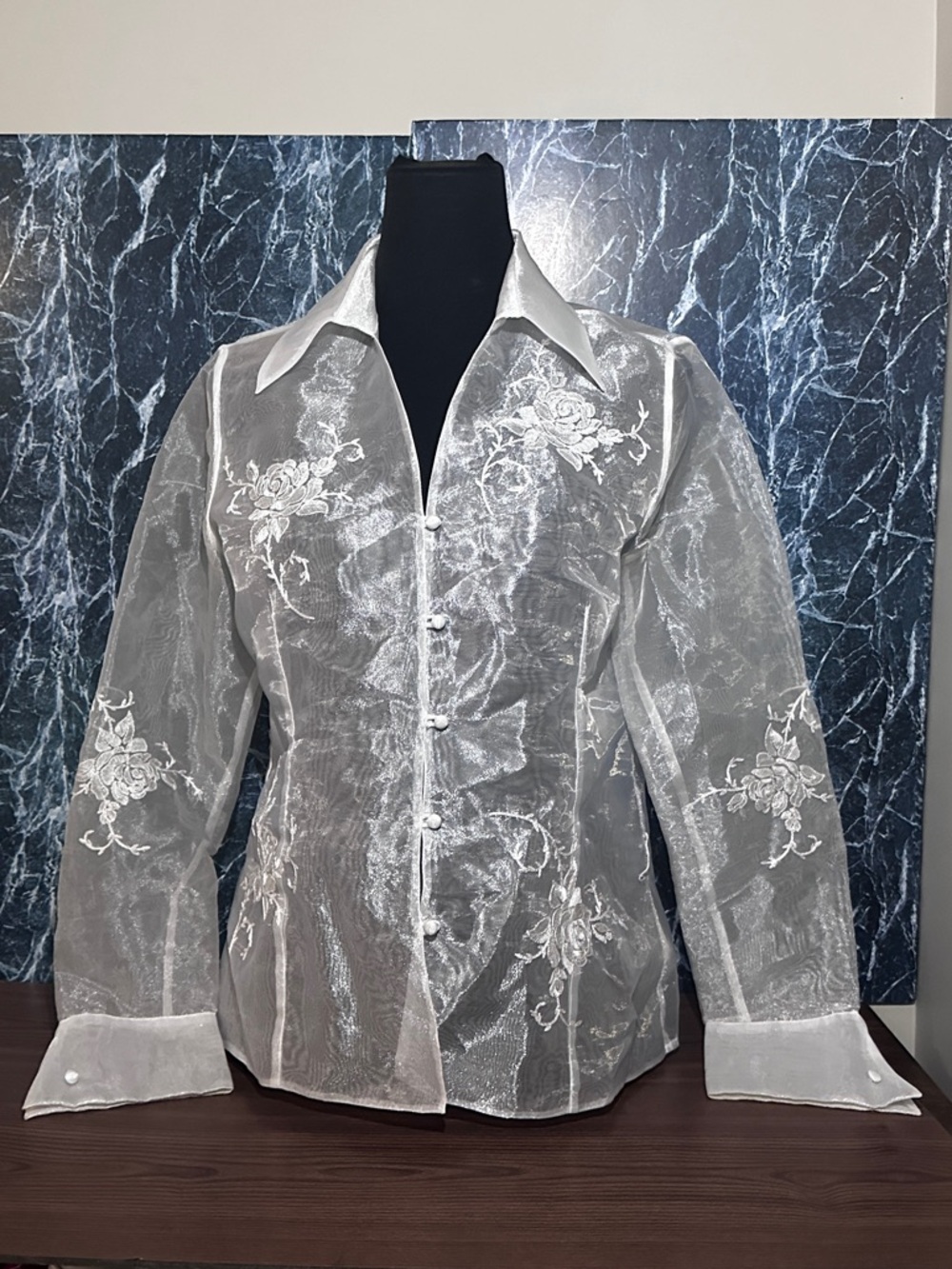 Sheer Organza Floral Embroidered Blouse Pearl Buttons | Barong Inspired Formal